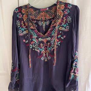 Embroidered Johnny Was Sheesoh Navy Bohemian Top
